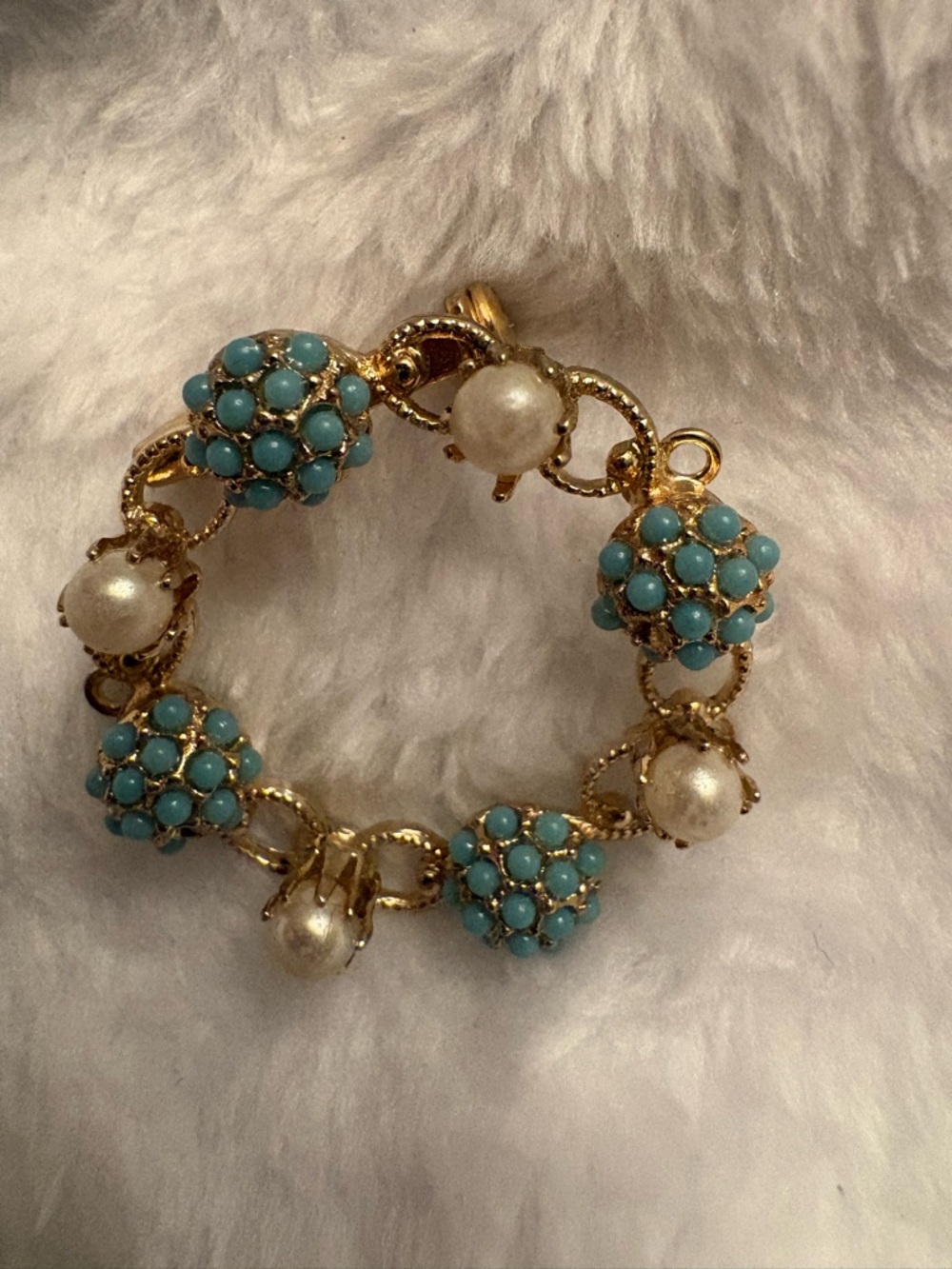 Gold-Tone Brooch  with Turquoise Bead Clusters and Pearls